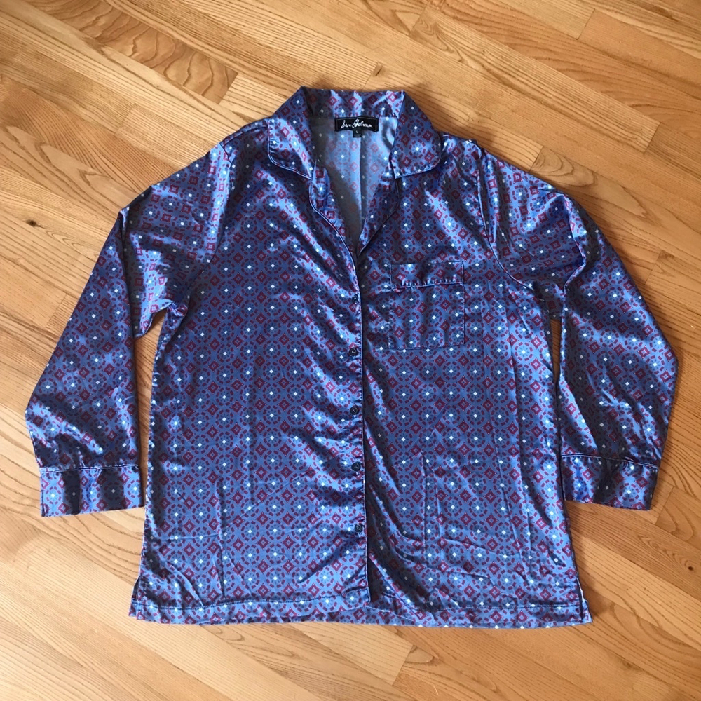 Sam Edelman Shirt Blue Red PJ pajama top long sleeve silky womens size large